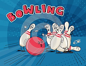 Funny vector illustration of a red bowling ball crashes into skittles with eyes and hands on the bowling line. Bowling strike