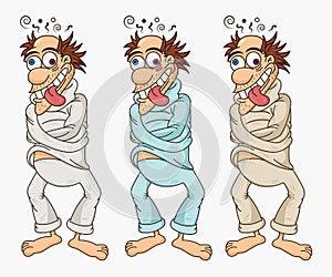 Funny vector isolated psychopath in a straitjacket with a mad smile in three colors mode. Madman with broken mind. photo
