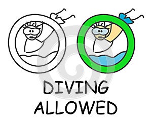 Funny vector jumping stick man with a diving Mask in children`s style. Allowed dive sign green. Not forbidden symbol. Sticker or