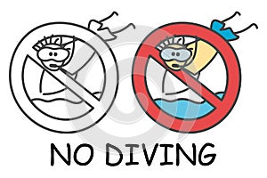 Funny vector jumping stick man with a diving Mask in children`s style. No diving no pool jump sign red prohibition. Stop symbol.