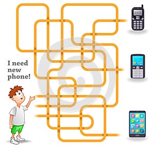 Funny Vector Maze Game: Boy and New Mobile Phone