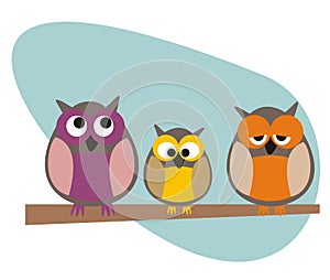 Funny vector owls family sitting on branch