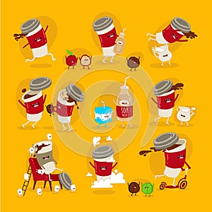 Funny vector set of coffee stickers. Cup of coffee playing, jumping, flying with milk and coffee bean and marshmallows