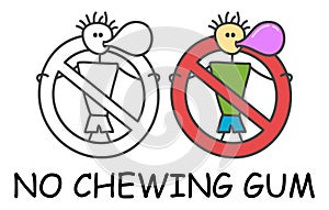 Funny vector stick man with a gum in children`s style. No cheawing bubblegum sign red prohibition. Stop symbol. Prohibition icon.