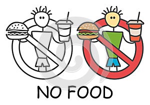 Funny vector stick man with a hamburger and drink in children`s style. No eating no fastfood sign red prohibition. Stop symbol.