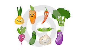 Funny vegetable cartoon characters, cute vegetables with funny faces vector Illustration