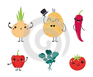 Funny Vegetable Character with Smiling Face and Arm Vector Set