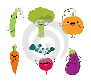 Funny Vegetable Character with Smiling Face and Arm Vector Set