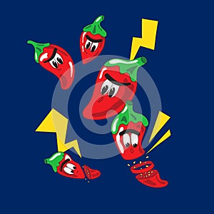 Funny vegetable characters. Cartoon chilli family. Cute mascot isolated on a blue background.