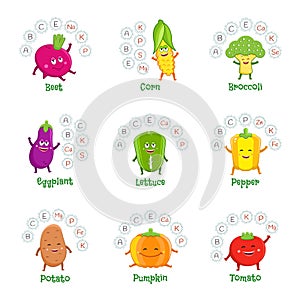 Funny vegetable characters with vitamins and minerals.