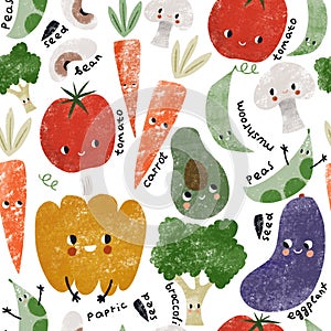 Funny vegetable with eyes seamless pattern. Cartoon texture with avocado, broccoli, tomato, carrot, paprika. Hand drawn texture