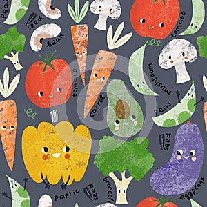 Funny vegetable with eyes seamless pattern. Cartoon texture with avocado, broccoli, tomato, carrot, paprika. Hand drawn veggie