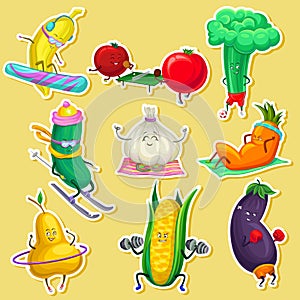Funny vegetable and fruit characters doing sports set, stickers with vegetables cartoon vector Illustrations