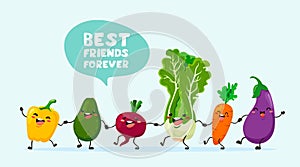 Funny vegetables with text balloons go hand in hand one after another. Vector vegetable isolates in cartoon style. Vitamins. Handw