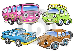 Funny vehicles. Cartoon and vector isolated characters.