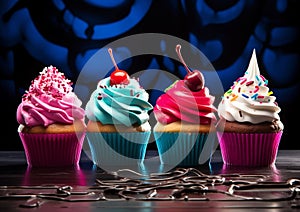 Funny vibrantly american cupcakes with fruit decoration on a blur background