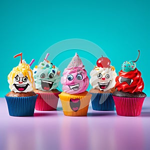 Funny vibrantly american cupcakes with fruit decoration on a blur background