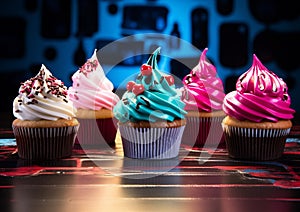 Funny vibrantly american cupcakes with fruit decoration on a blur background