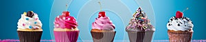 Funny vibrantly american cupcakes with fruit decoration on a blur background