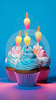 Funny vibrantly american cupcakes with fruit decoration on a blur background