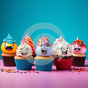 Funny vibrantly american cupcakes with fruit decoration on a blur background