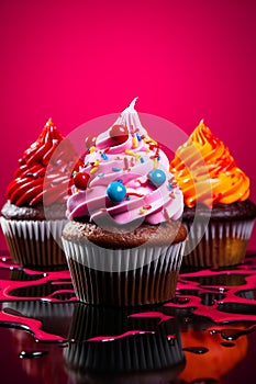 Funny vibrantly american cupcakes with fruit decoration on a blur background