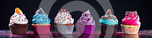 Funny vibrantly american cupcakes with fruit decoration on a blur background