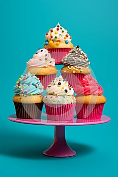 Funny vibrantly american cupcakes with fruit decoration on a blur background