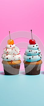 Funny vibrantly american cupcakes with fruit decoration on a blur background