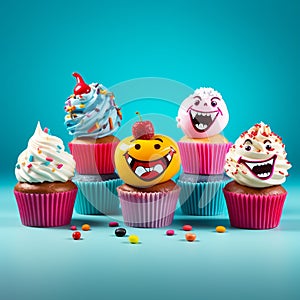 Funny vibrantly american cupcakes with fruit decoration on a blur background