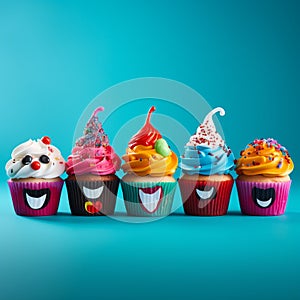 Funny vibrantly american cupcakes with fruit decoration on a blur background