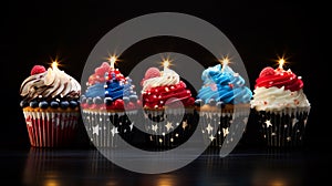 Funny vibrantly american cupcakes with fruit decoration on a blur background