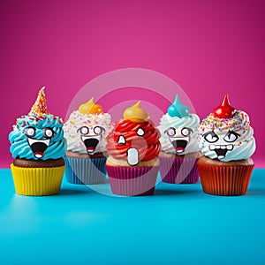 Funny vibrantly american cupcakes with fruit decoration on a blur background