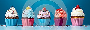 Funny vibrantly american cupcakes with fruit decoration on a blur background