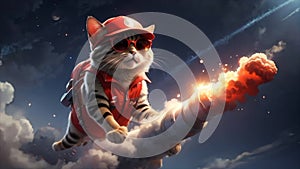 A funny video clip of a cat on an exploding rocket blasting into space, generated by Ai.