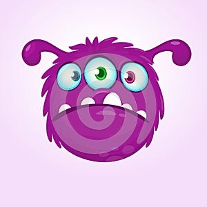 Funny violet green cartoon alien with three eyes. Monster emotion showing his tongue