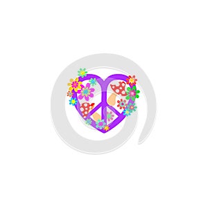 Funny violet hippie peace symbol print in heart shape with fly agaric and colorful flower-power on white background. Design for gi