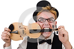 Funny violin player isolated on white