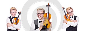 Funny violin player on white