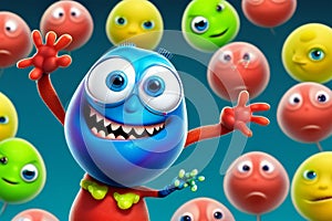 A funny virus character with a grotesque expression