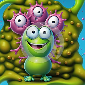A funny virus character with a grotesque expression