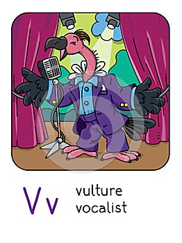 Funny vulture singer or vocalist. ABC. Alphabet V