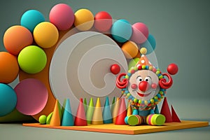 Funny wacky colorful clown on a solid flat background. AI generated. April fool's day