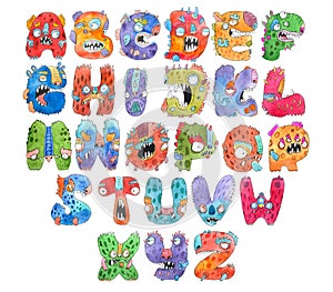 Funny watercolor cartoon English alphabet with monsters