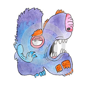 Funny watercolor cartoon English alphabet with monsters