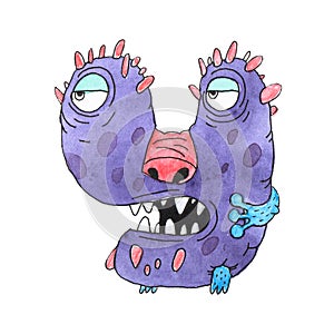 Funny watercolor cartoon English alphabet with monsters