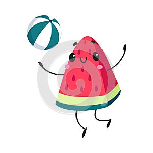 Funny Watermelon Character Playing Ball on Beach Having Fun on Summer Vacation Vector Illustration