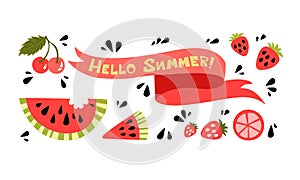 Funny watermelon slices. Summer time party. Cartoon vector set with red strawberry, cherry and lettering