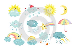 Funny weather icons set isolated on white background. Vector illustration of sun, rain, storm, snow, wind, moon, star, rainbow