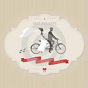 Funny wedding invitation with bride and groom riding tandem bicycle